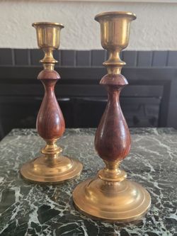 Vintage MCM brass and wood candlestick holders- pair
