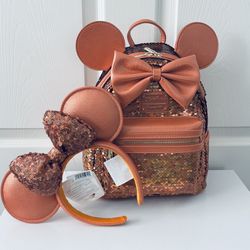 Loungefly Disney Minnie Mouse Sequined Mini Backpack Peach Punch & Ears Headband