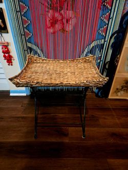 Rectangular Wicker Tray Top Foldable Metal Tray Table Stand Brown/Black 22"××15×21"