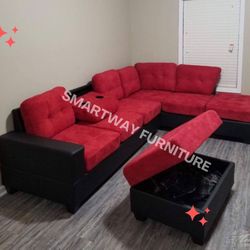 Pu 8 Red Sectional W Ottoman New  Box 