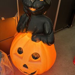 Vintage large 34" black cat and pumpkin blow mold halloween light up Yard decor