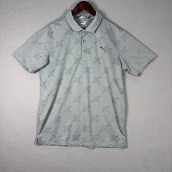 Puma Men's Medium Polo Shirt Gray Geometric Feather Print