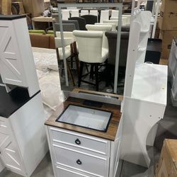 Small Vanity Desk with Mirror and Lights, Modern Glass Top Dressing Table with Wheels & Charging Station