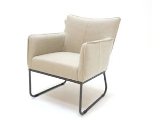 Modern Beige Upholstered Armchair with Grey Metal Base – Contemporary Accent Lounge Chair