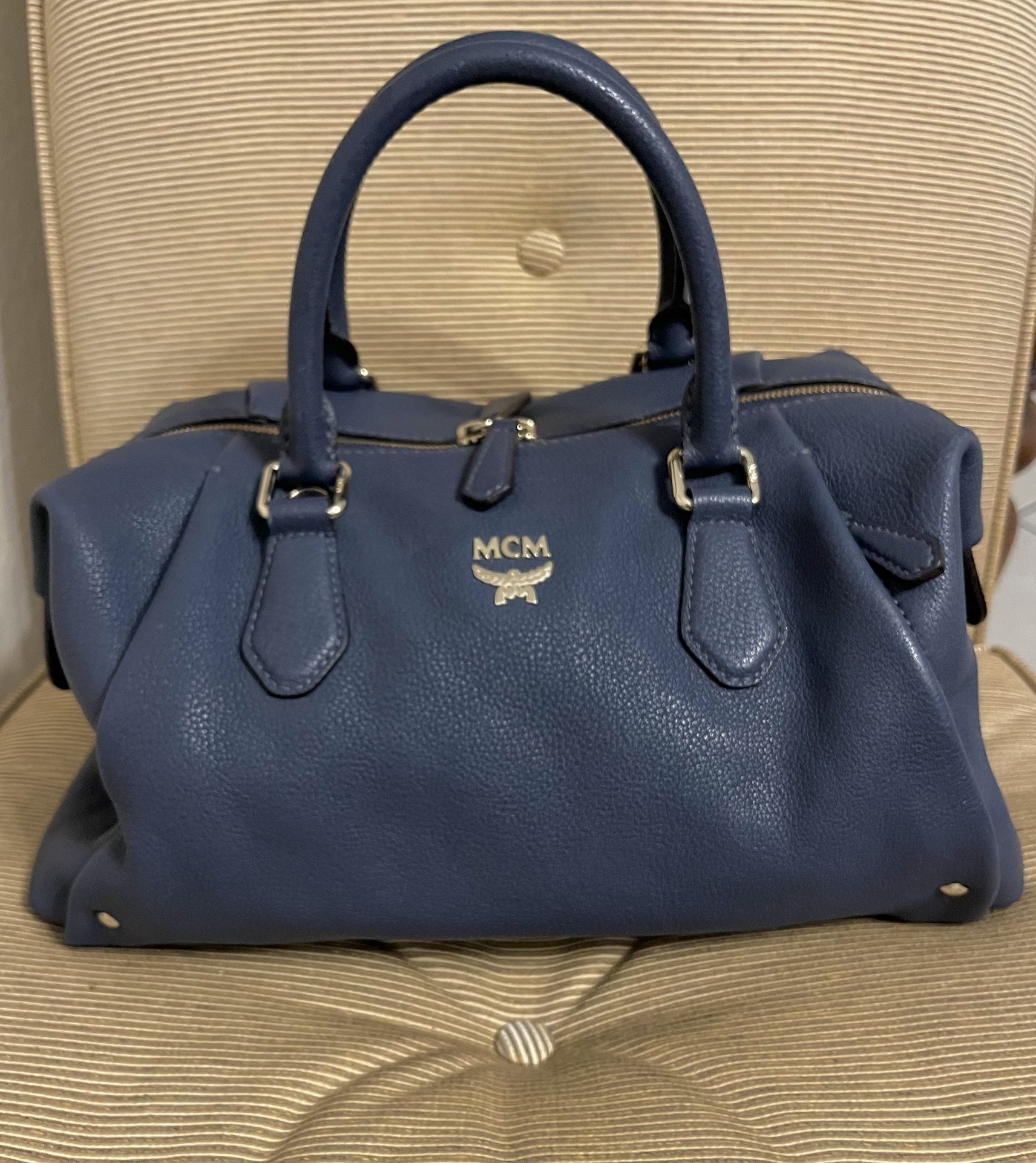 MCM Slate Blue Pebbled Saffiano Leather Boston Bag 