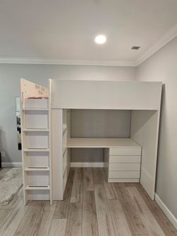 White Loft Bed with Desk and Drawers