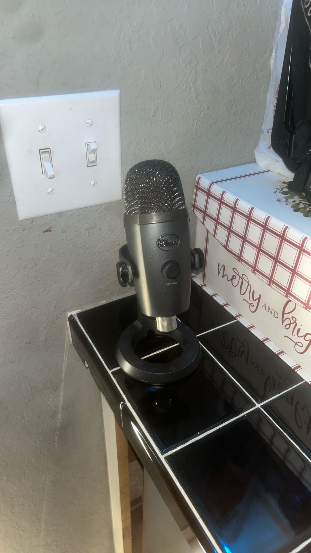 blue microphone, brand new, bluetooth and aux.
