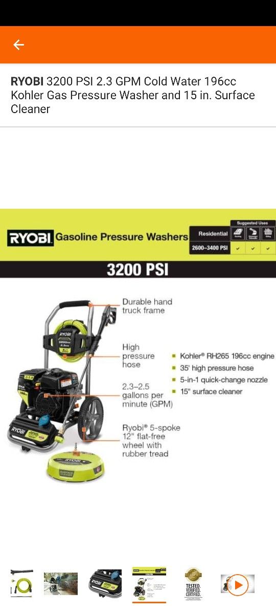 RYOBI Gasoline Pressure Washer 3200 Psi