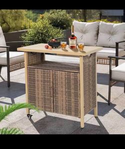Outdoor Wicker Rolling Prep Station Bar Cart