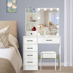 Makeup Vanity Desk with Mirror and Lights and Chair/Stool Vanity Table Set for Women, Dressing Table with Storage Drawers