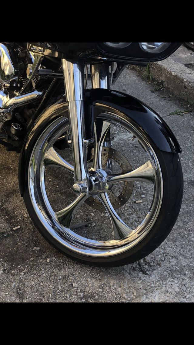 23 inch front wheel and 18 inch rear wheel and Tires, and front fender for Harley Davidson Road Glide and other touring models.