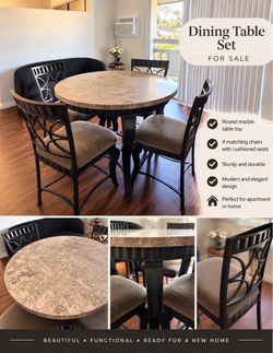 Dining Table, Set, 4 Chairs, Round, Marble Look.