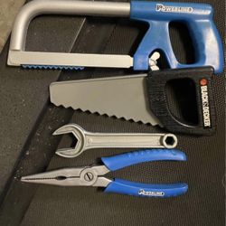 Vintage 1990s–2000s Kids Plastic Toy Tool Set — Powerline & Black & Decker — Complete with Toolbox