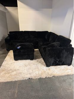 🛋️ New L-Shape Black Fluffy Corduroy Sofa Sectional & Ottoman
