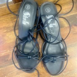 Super Strappy Black Sandals with Chunky Heel Size 9