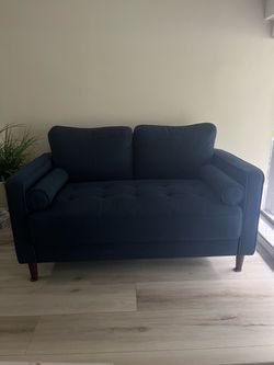 Navy Blue Tufted Loveseat with Bolster Pillows