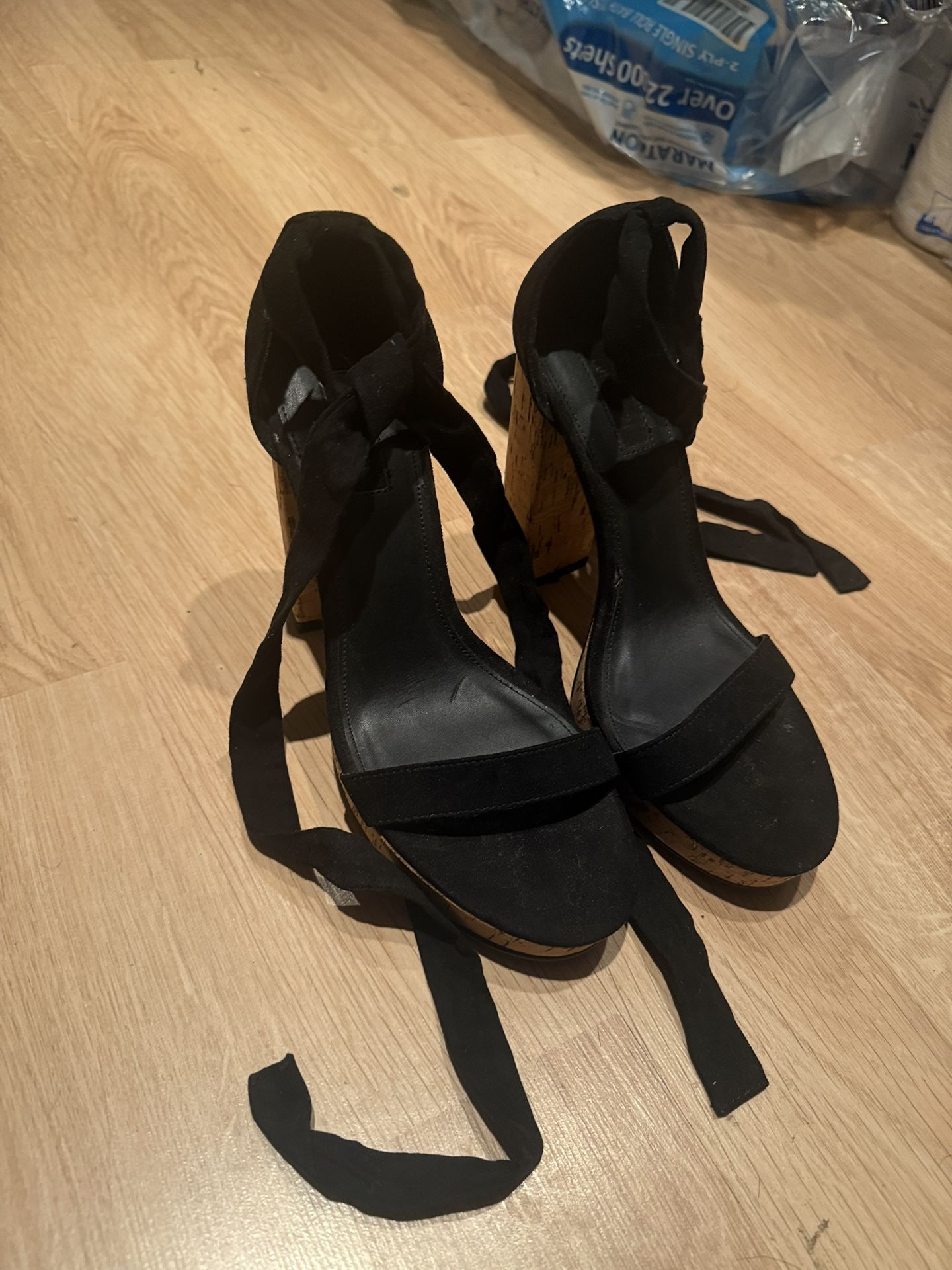 Black suede tie-up Heels with wooden heel