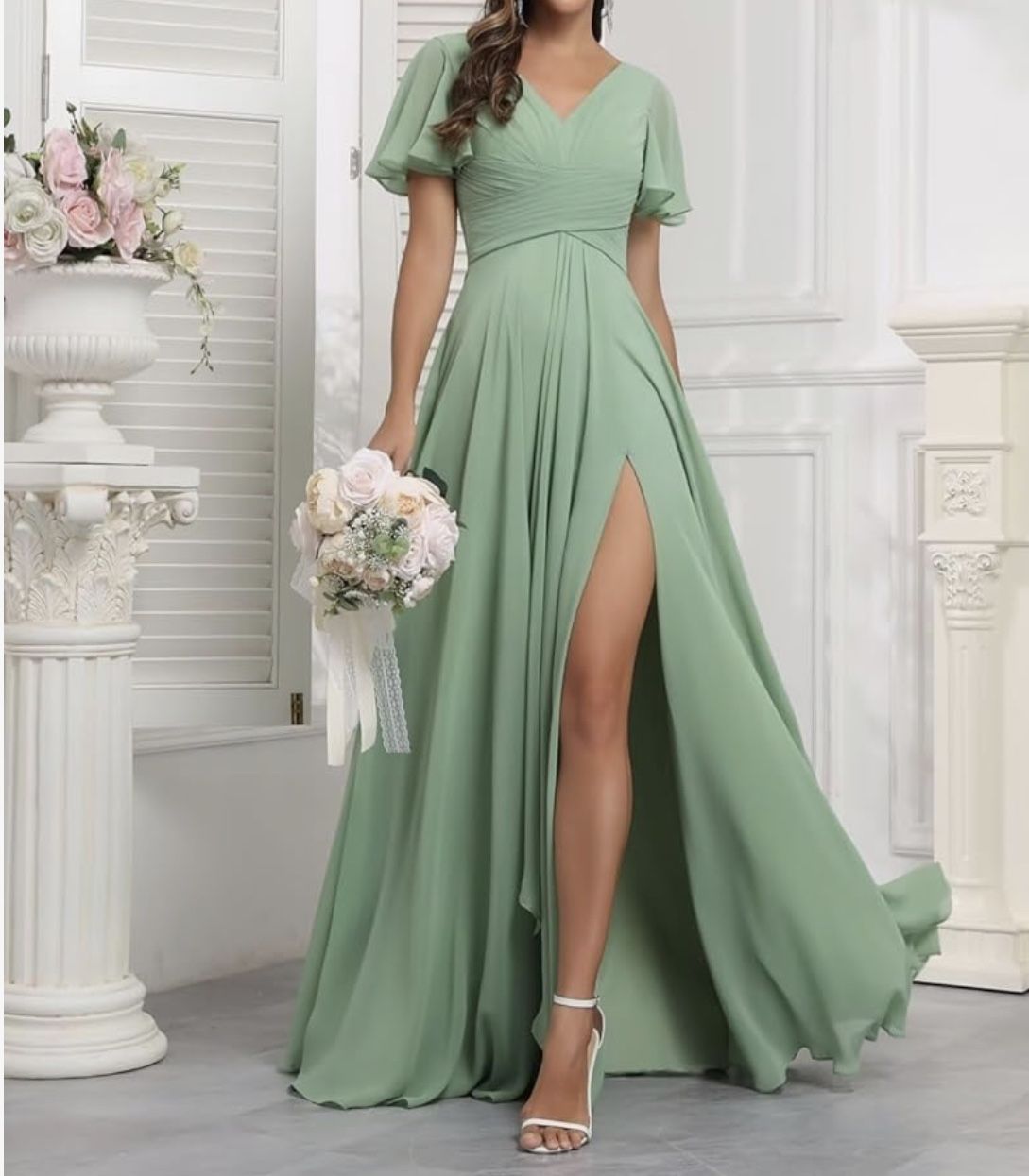 Ruffle Sleeves Chiffon Bridesmaid Dresses, Ball Gowns, Formal Dress for Women with Slit - Size: 12