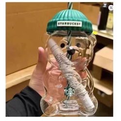 Starbucks Bearista Bear Glass Jar Cold Cup With Straw 