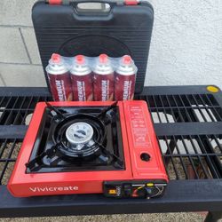 New Single Burner Butane Portable Stove W/ 4 Gas Cartridges