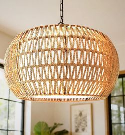 19" Boho Rattan Chandelier for Dining Room 5-Lights Farmhouse Chandelier