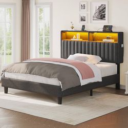 Seventable Twin Size Bed Frame with Charging Station, LED Bed with Upholstered Storage Headboard,