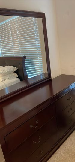 Dark Cherry Wood Dresser with Mirror