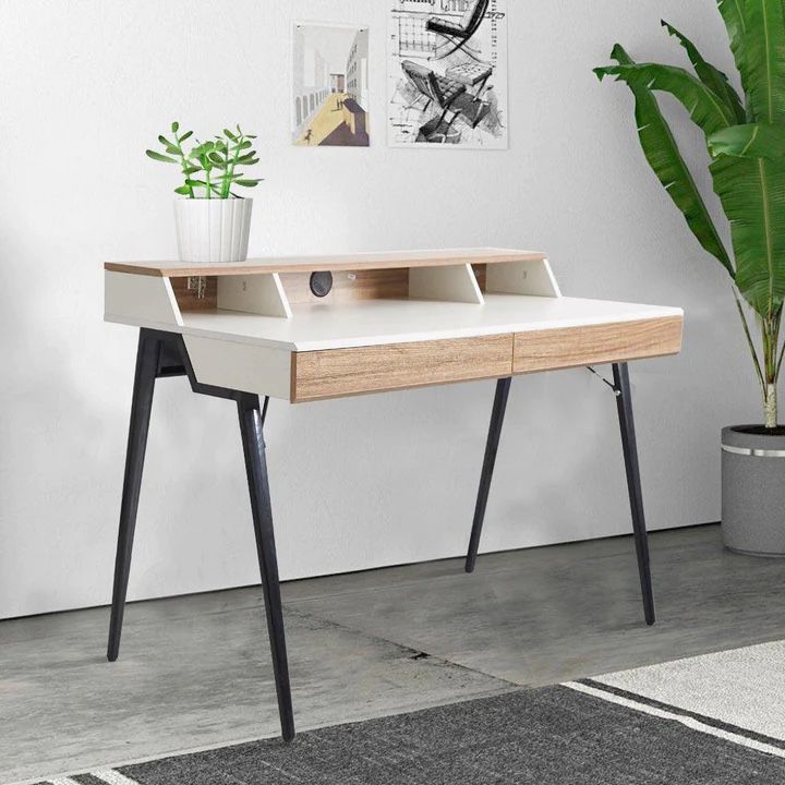 (0) 47" Stylish Design Computer Desk with 2 Drawers, Solid Wood Computer Table with Black Metal Legs