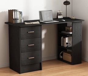 Black desk with shelf and drawers