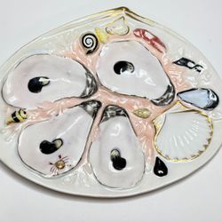Antique American UPW Porcelain Pink Sea Life Oyster Serving Plate A706