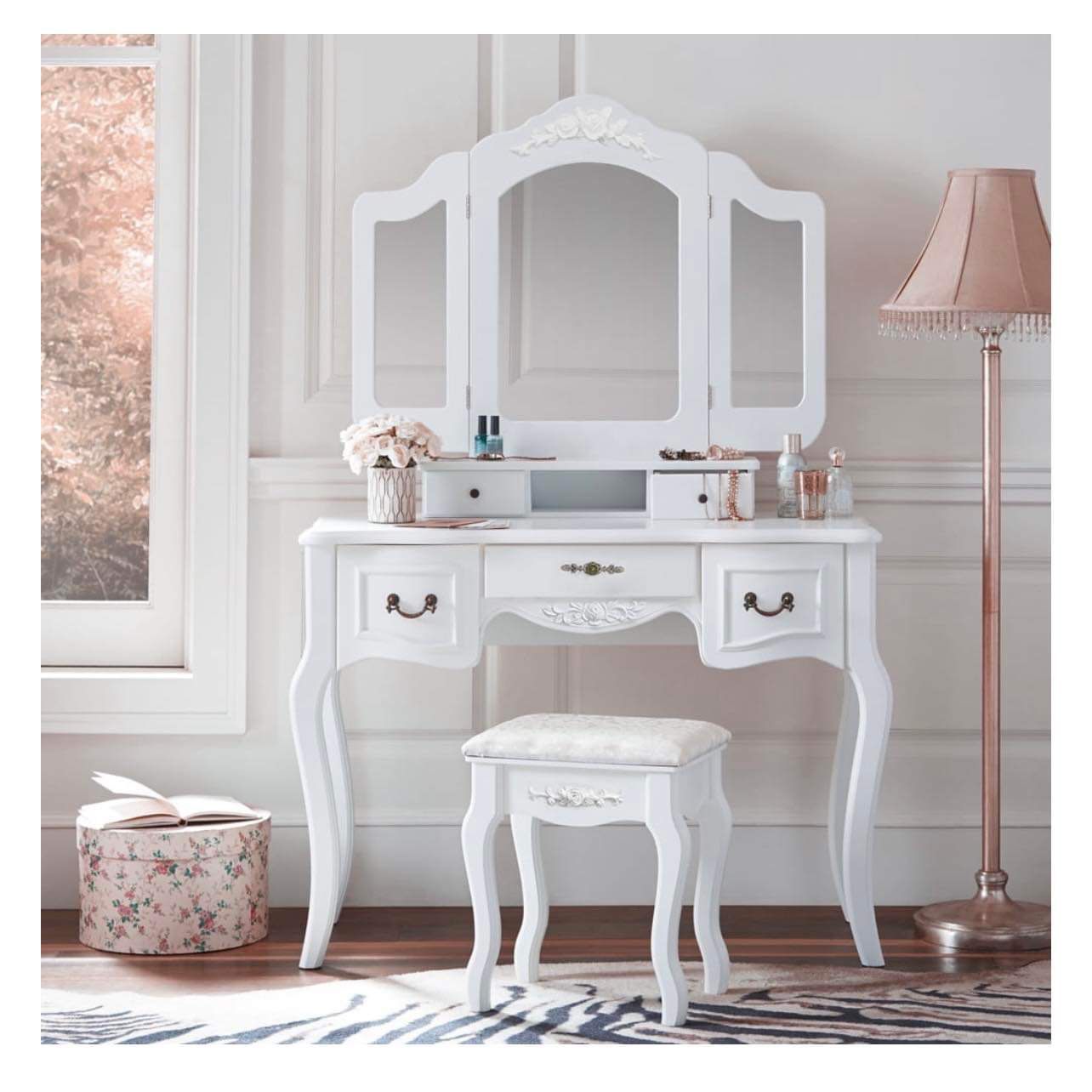 Vanity Table Set New in Original Packaging With 5 Spacious Storage Drawers, Trifold Mirror and Stool