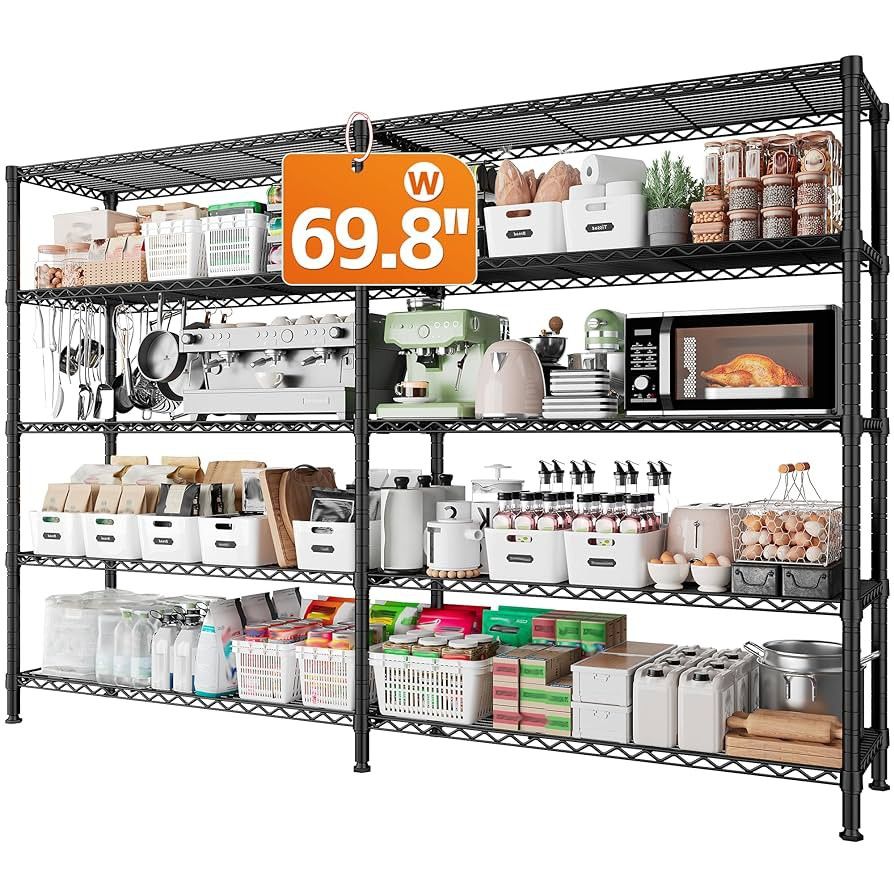 L387 1600LBS Storage Shelves Metal Shelving 5 Tier Wire Shelving Unit, 69.8" W Pantry Shelves Kitchen Shelves Adjustable Wire Shelf for Garage St