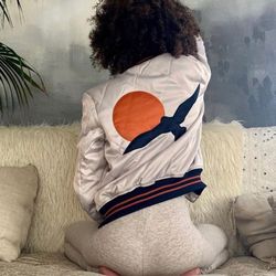 Womens Large Bomber Jacket Silver Wings MSRP $179