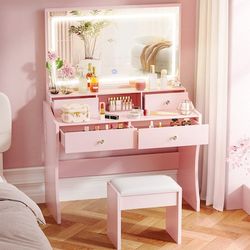 Makeup Vanity Desk with Mirror and Lights Vanity Table and Chair Set Pink