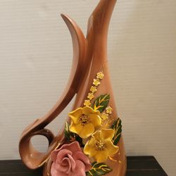 Vintage Hand Thrown Pottery Pitcher Vase 1960s Brown Glaze 3d Flowers 12.5" Tall