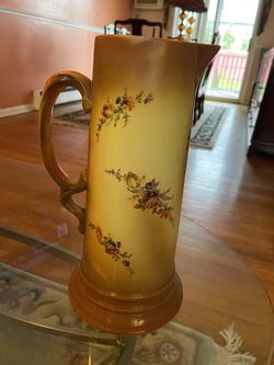 Porcelain Brown And Yellow Handled Tankard Pitcher 