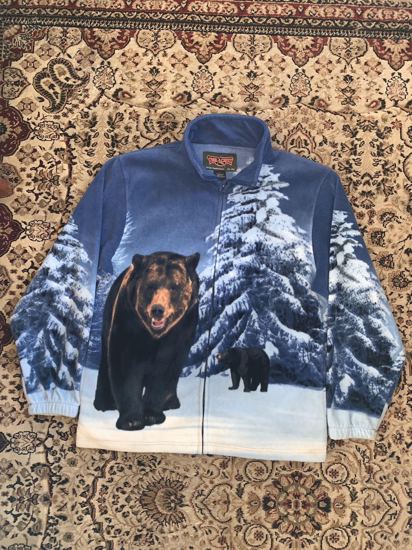 TRAILCREST BEAR ANIMAL FLEECE JACKET MEN’S SIZE LARGE BLUE BLACK LONG SLEEVE