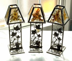 Tea Light Candle Lamp Metal Base W/ Dragonfly Frosted Glass Pressed Flower Shade Set of 3! Excellent Condition.