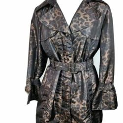 💥New Alfani WMS Sz Lp Brown Leopard Print Poly Nylon Trench Coat S36 size Medium  (reseda ca)