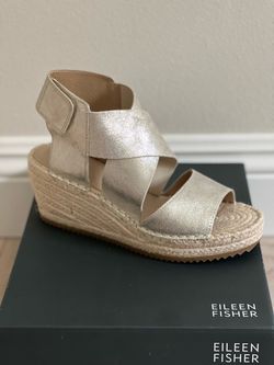 Eileen Fisher Suede Leather Gold Metallic Espadrille Platform Sandals New US 7