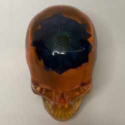 Handmade Epoxy Resin Skull – Orange, Yellow & Blue with Bold Flower – Campy Tchotchke Paperweight