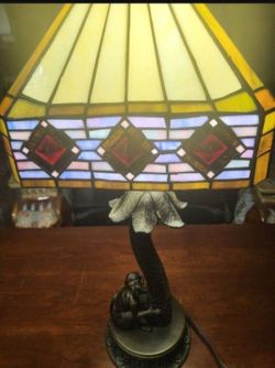 Vintage Monkey And Palm Tree Table Lamp With Tiffany "Style" Shade