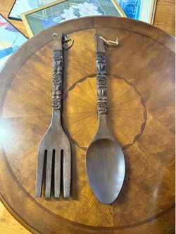 Vintage 1960s MCM Tiki giant wooden spoon and fork set