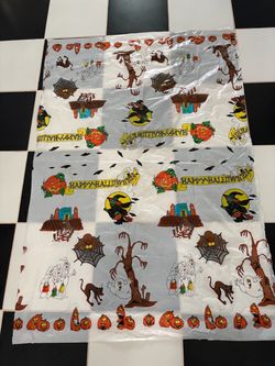 Vintage Halloween Plastic Tablecloth Witch Ghost Castle Cat Pumpkin Retro Decor