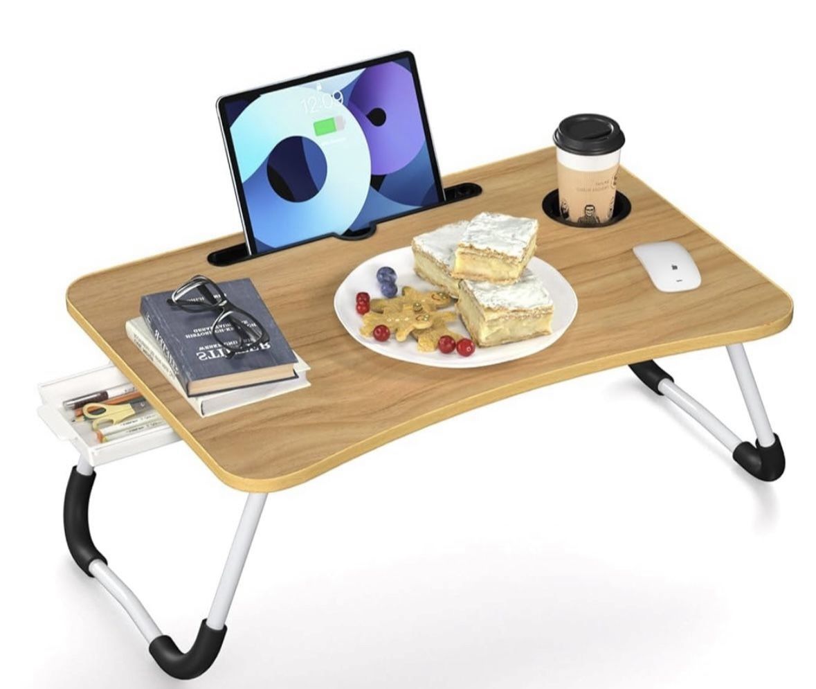 Foldable Laptop Bed Table Tray, Folding Lap Desk with Cup Holder, Portable Serving Breakfast Tray/ Workstation