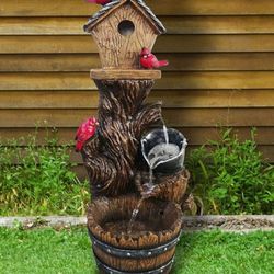 Reduced - 3 Tier Tree Trunk and Bucket Fountain with Birdhouse and 3 Perched Cardinal Birds. (See Description)