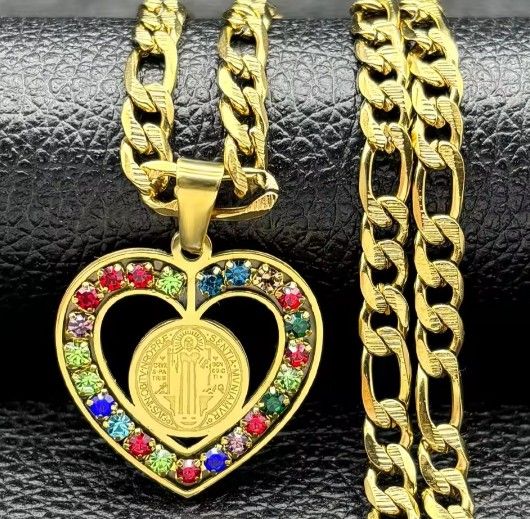 Colorful Crystal Saint Benedict Medal Heart Shaped Pendant Stainless Steel Chain Included  [PEN250]