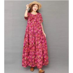 Casual Loose Bohemian Short Sleeve Floral Dress Long Maxi