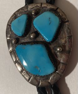 Vintage Bolo Tie Silver With Turquoise Stones Quality Thumbnail
