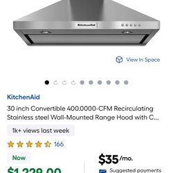  KitchenAid 30 inch stainless steel range hood.   